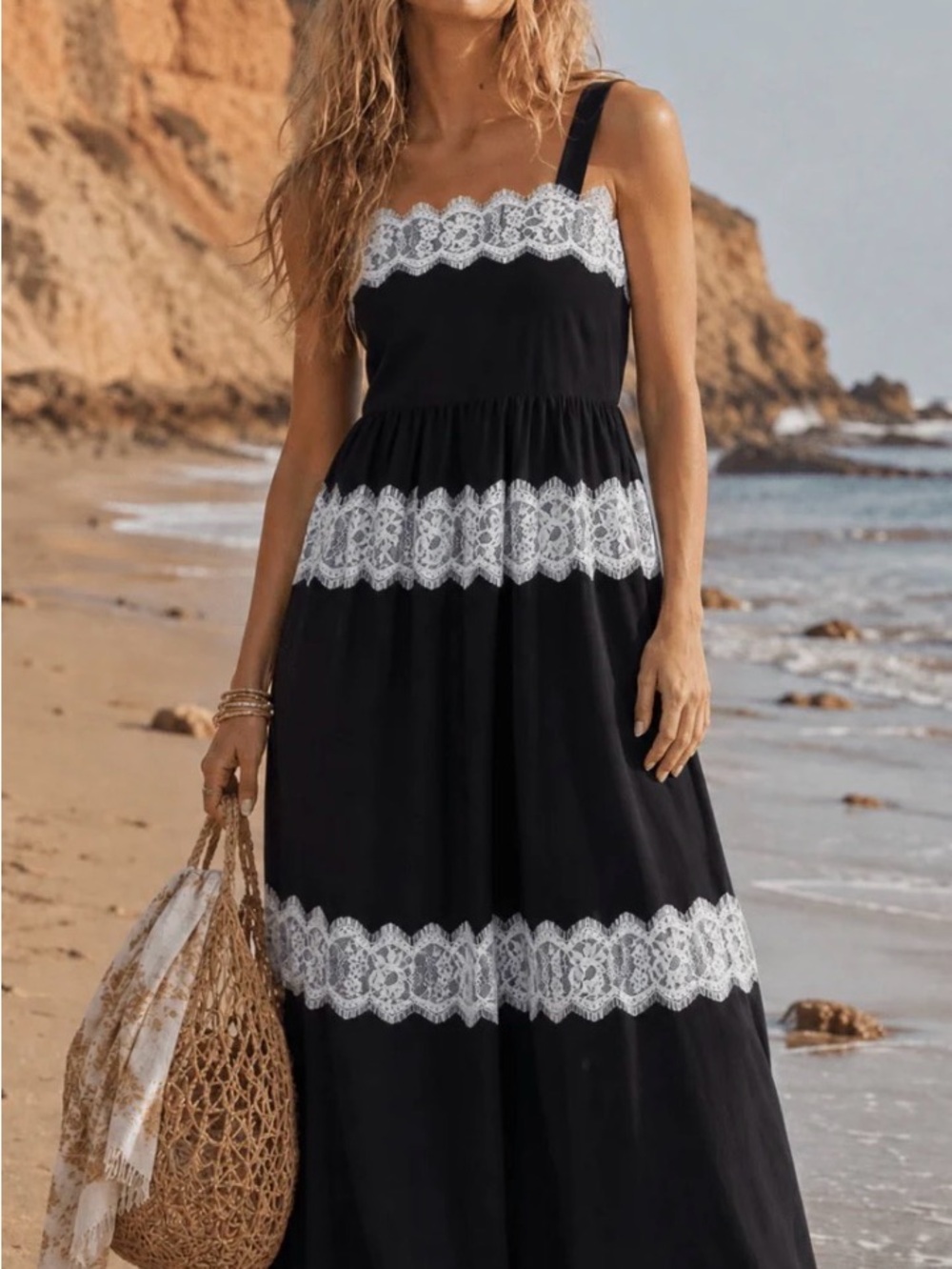 Black Maxi Sundress with White Lace Trim